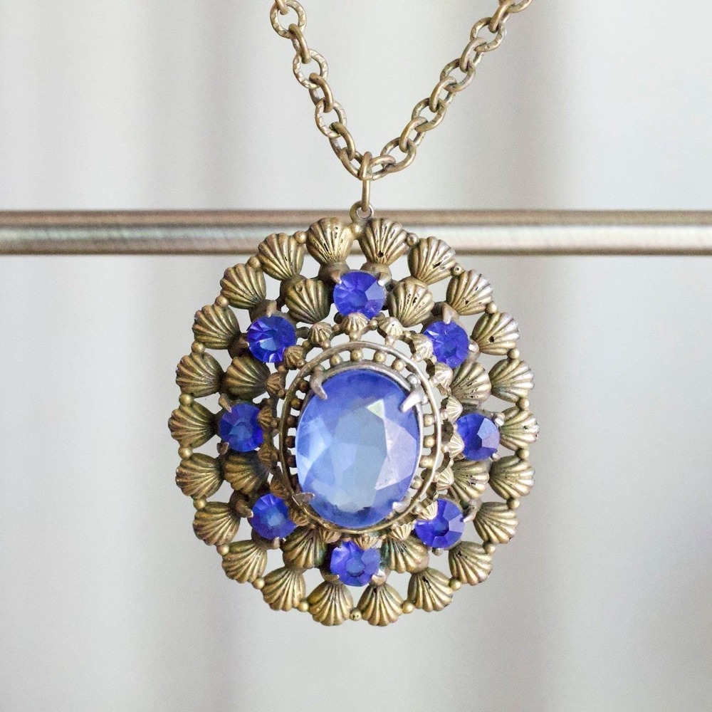 Vintage‎ Brass Tone Blue Rhinestone Statement Pendant Necklace Victorian Costume